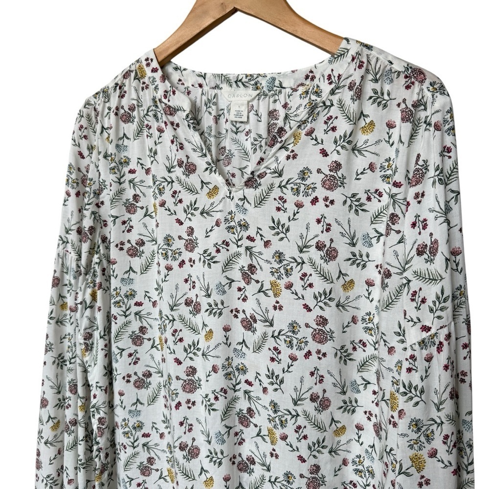 Caslon Women's Floral Long Sleeve V-Neck Blouse Size L Multicolor Flowy Casual